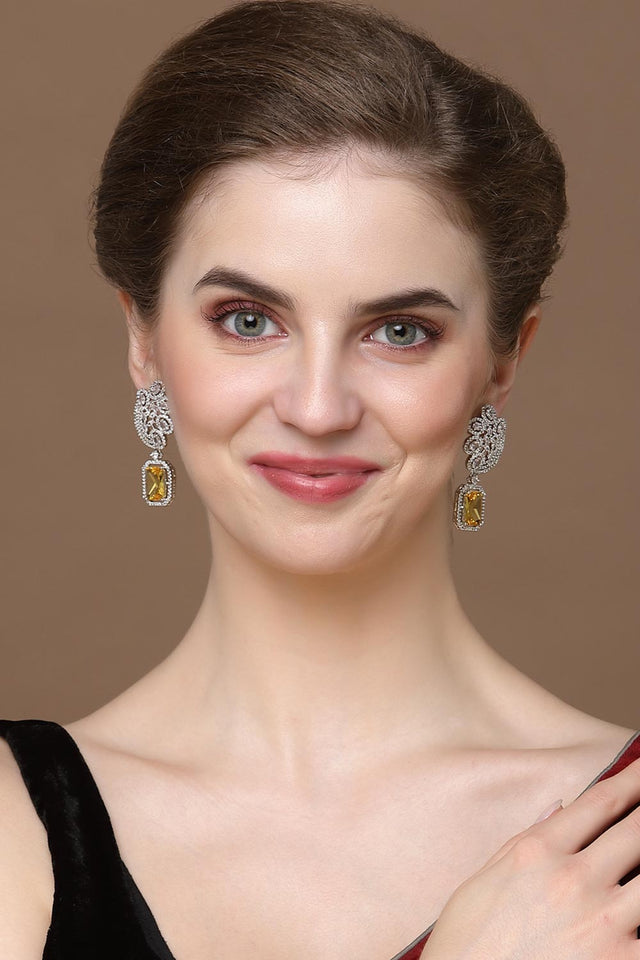 Yellow And Silver Drop Earring With American Diamond And Natural Stones