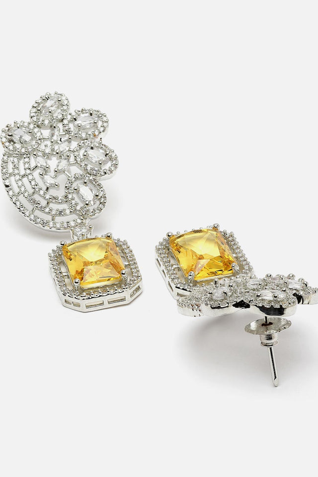 Yellow And Silver Drop Earring With American Diamond And Natural Stones