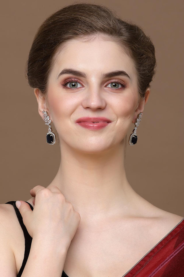 Blue And Silver Drop Earring With American Diamond And Natural Stones