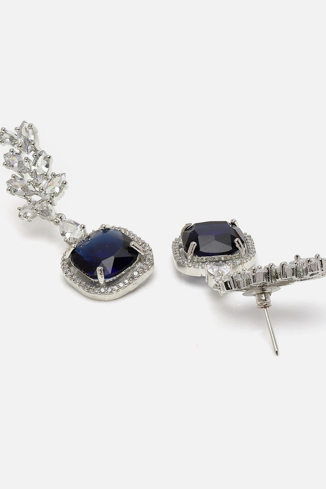 Blue And Silver Drop Earring With American Diamond And Natural Stones