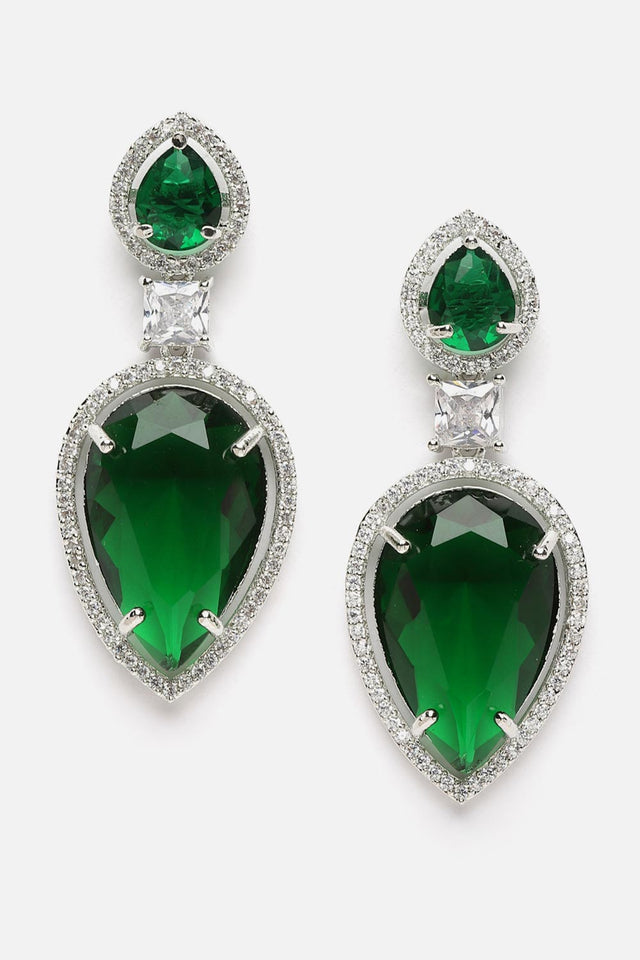 Green And Silver Drop Earring With American Diamond And Natural Stones