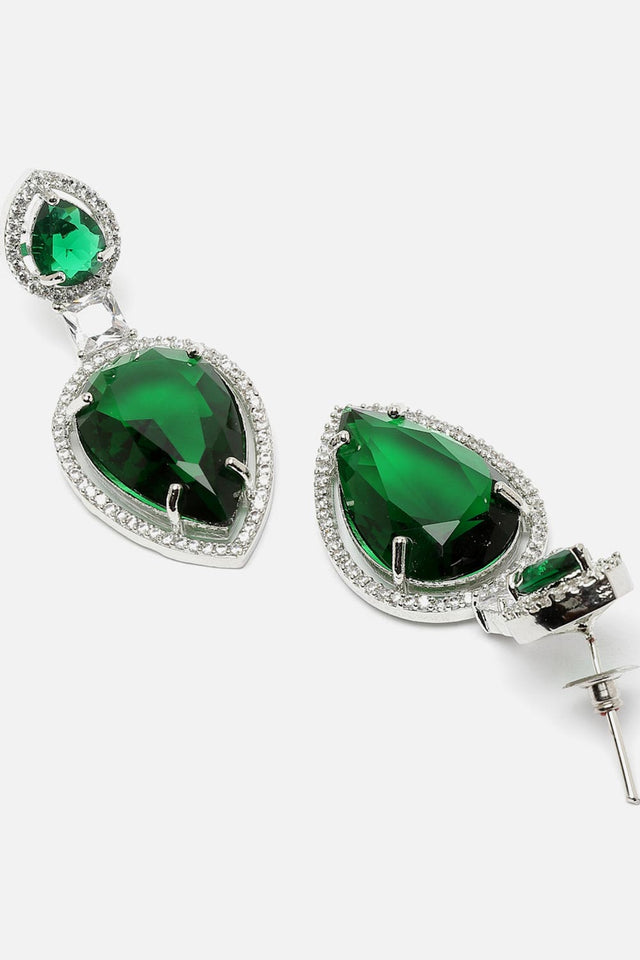 Green And Silver Drop Earring With American Diamond And Natural Stones