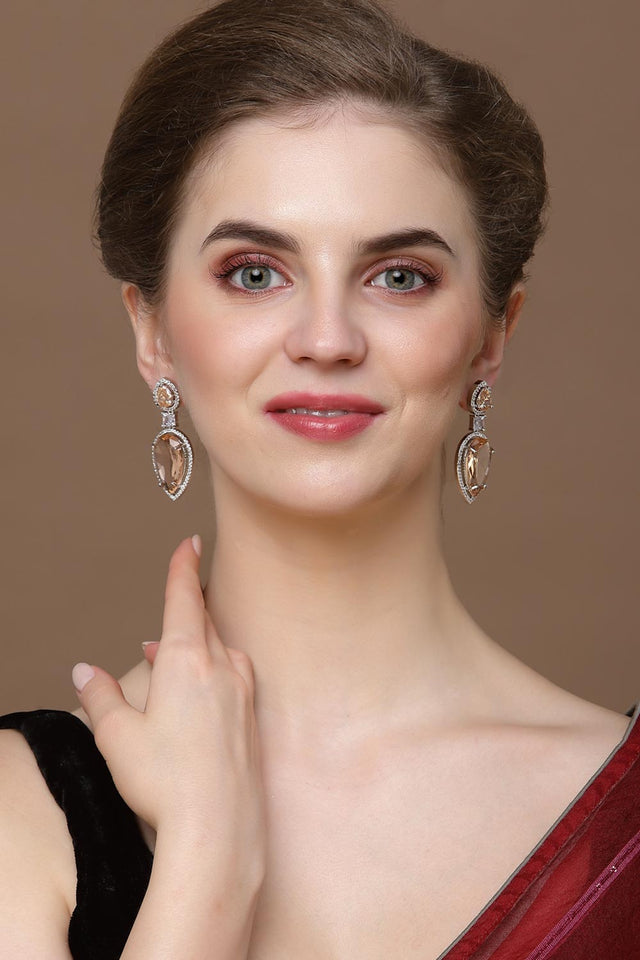 Orange And Silver Drop Earring With American Diamond And Natural Stones