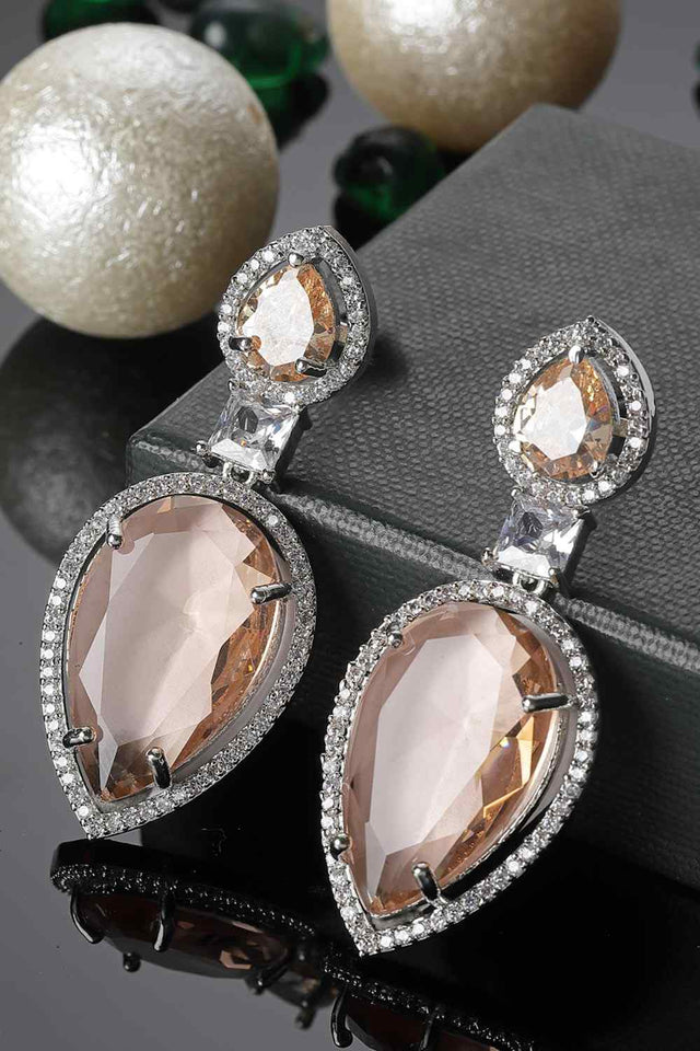 Orange And Silver Drop Earring With American Diamond And Natural Stones