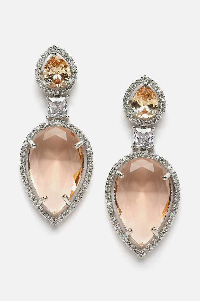 Orange And Silver Drop Earring With American Diamond And Natural Stones