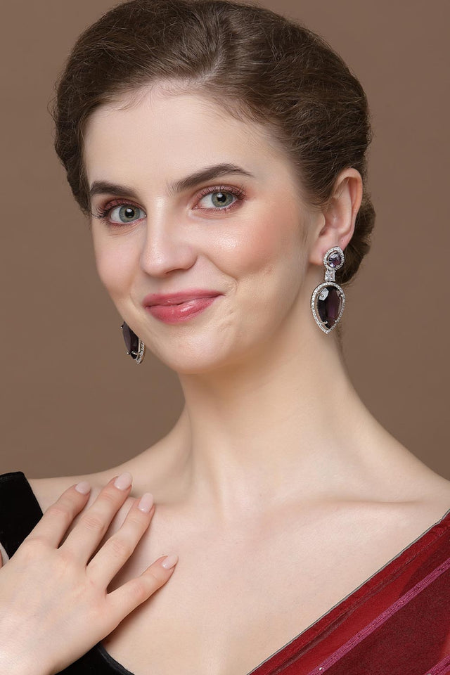 Purple And Silver Drop Earring With American Diamond And Natural Stones