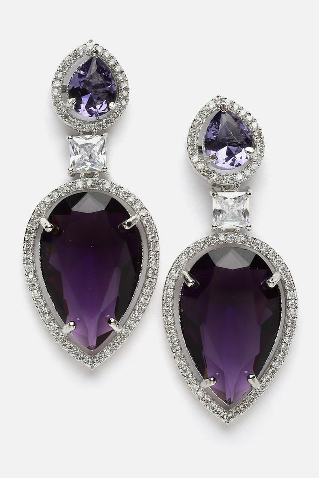 Purple And Silver Drop Earring With American Diamond And Natural Stones