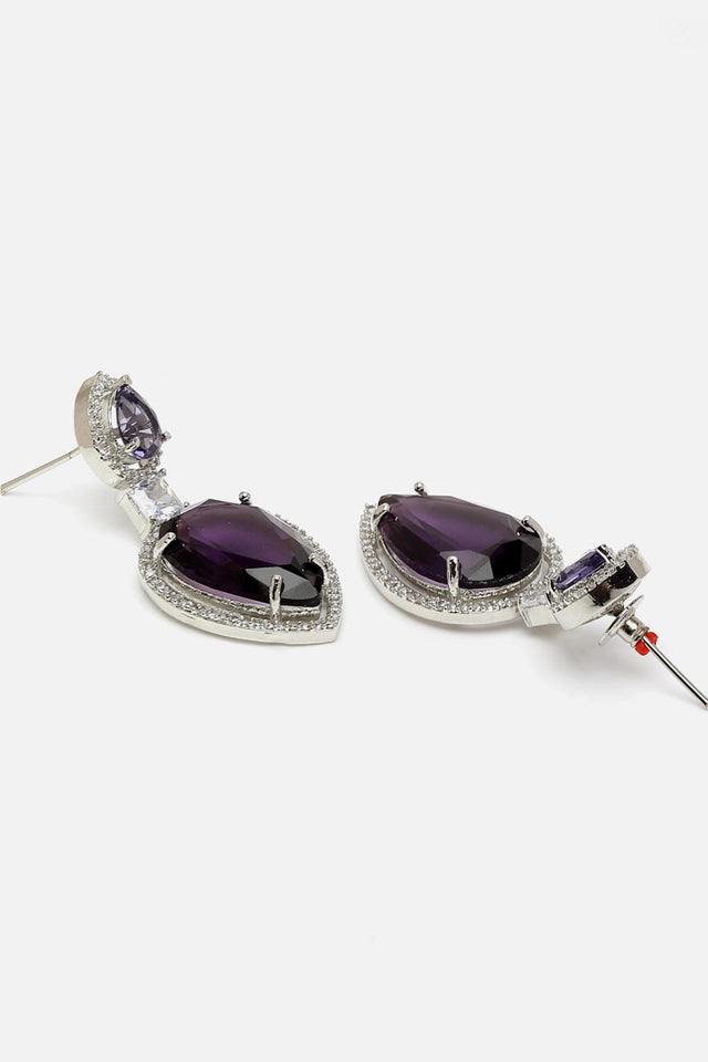 Purple And Silver Drop Earring With American Diamond And Natural Stones