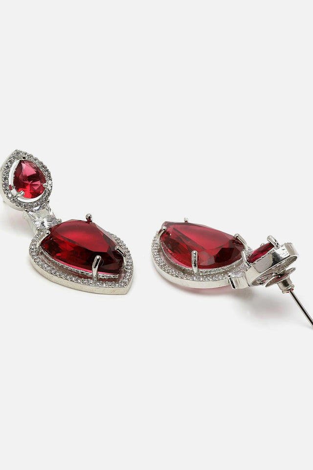 Red And Silver Drop Earring With American Diamond And Natural Stones