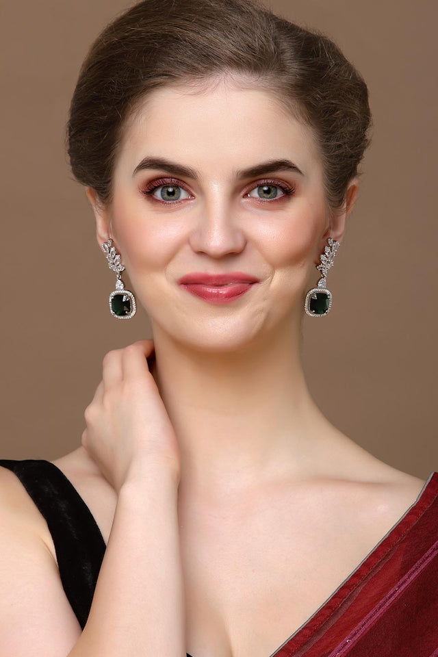 Blue And Silver Drop Earring With American Diamond And Natural Stones