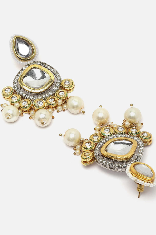 Gold And White Drop Earring With Kundan And American Diamonds