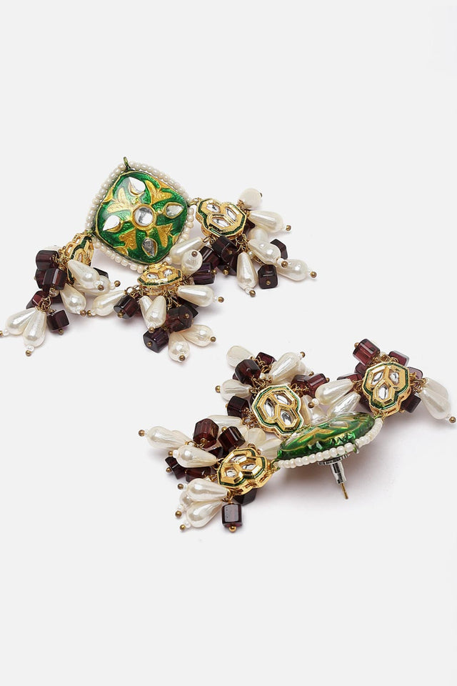 Green And Purple Drop Earring With Kundan And Pearls