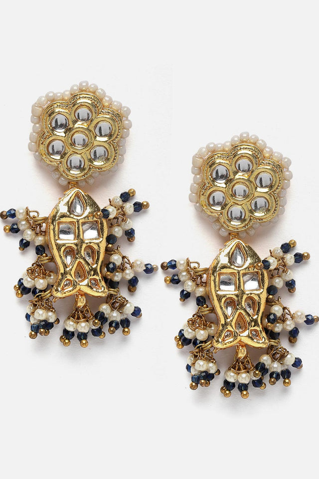 Green And Gold Drop Earring With Kundan And Pearls