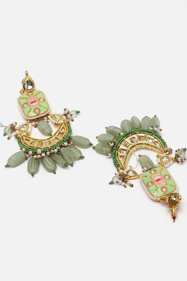 Green And Gold Drop Earring With Kundan And Pearls