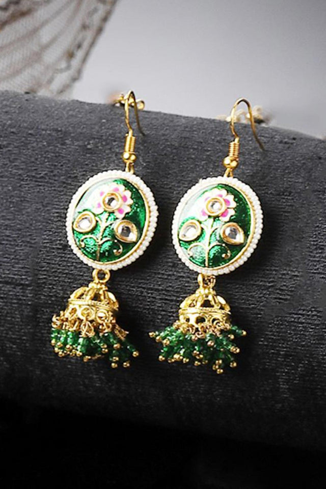 Green And Gold Drop Earring With Kundan And Pearls