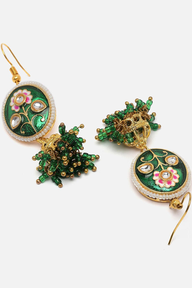 Green And Gold Drop Earring With Kundan And Pearls