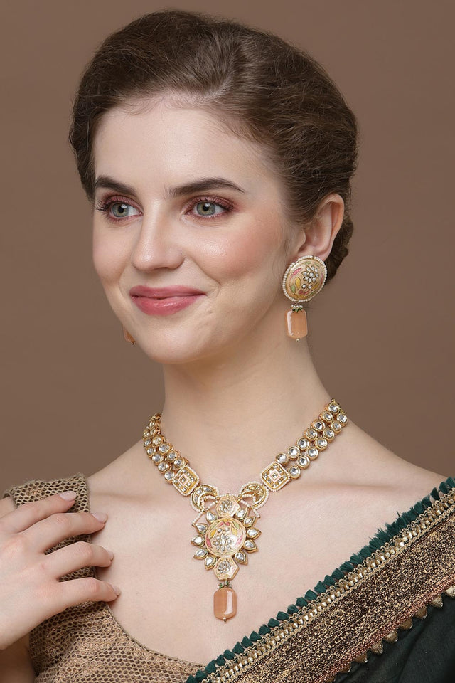 Peach And Gold Drop Earring With American Diamonds And Pearls