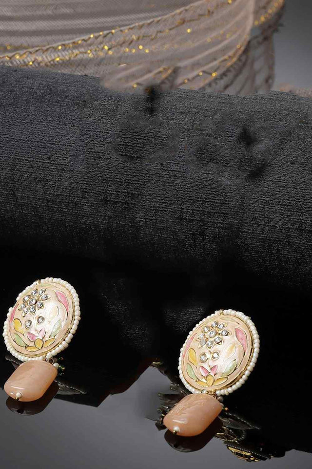 Peach And Gold Drop Earring With American Diamonds And Pearls