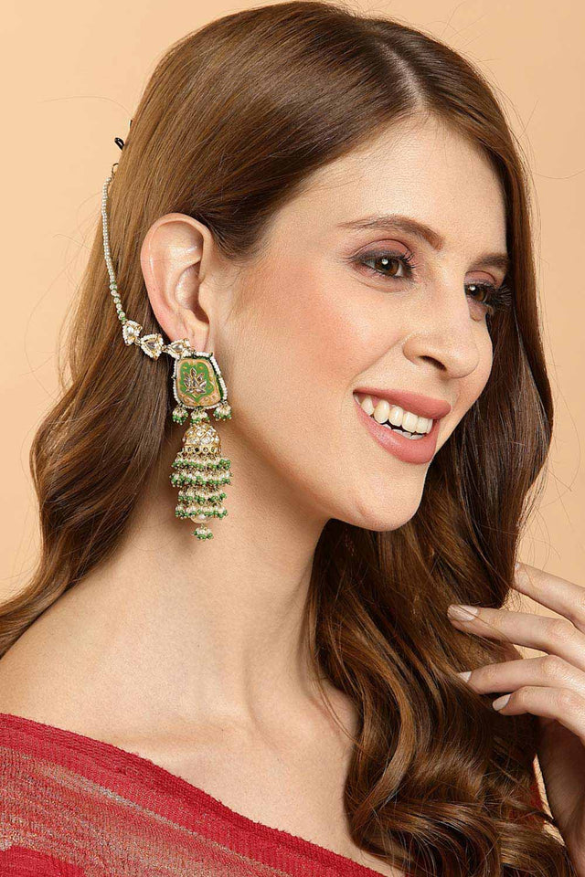 Green And White Gold-Plated Kundan And Pearls Jhumka Earring