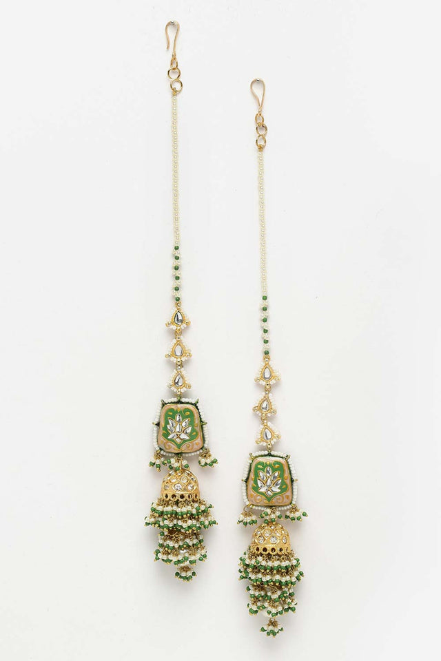 Green And White Gold-Plated Kundan And Pearls Jhumka Earring