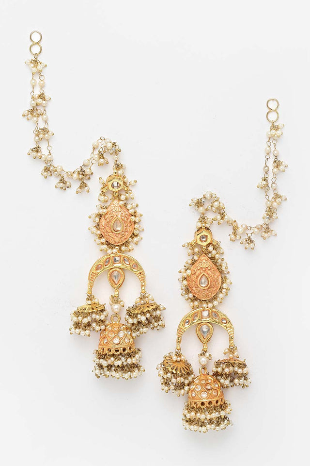 White And Gold Gold-Plated Kundan And Pearls Jhumka Earring
