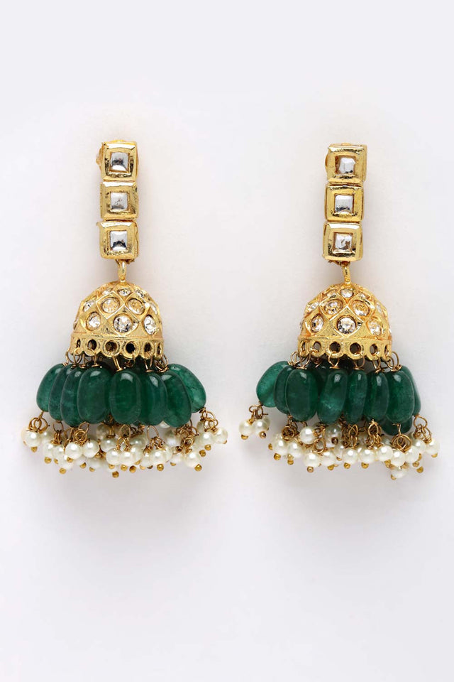 Green And Cream Gold-Plated Kundan Diamonds And Pearls Jhumka Earring