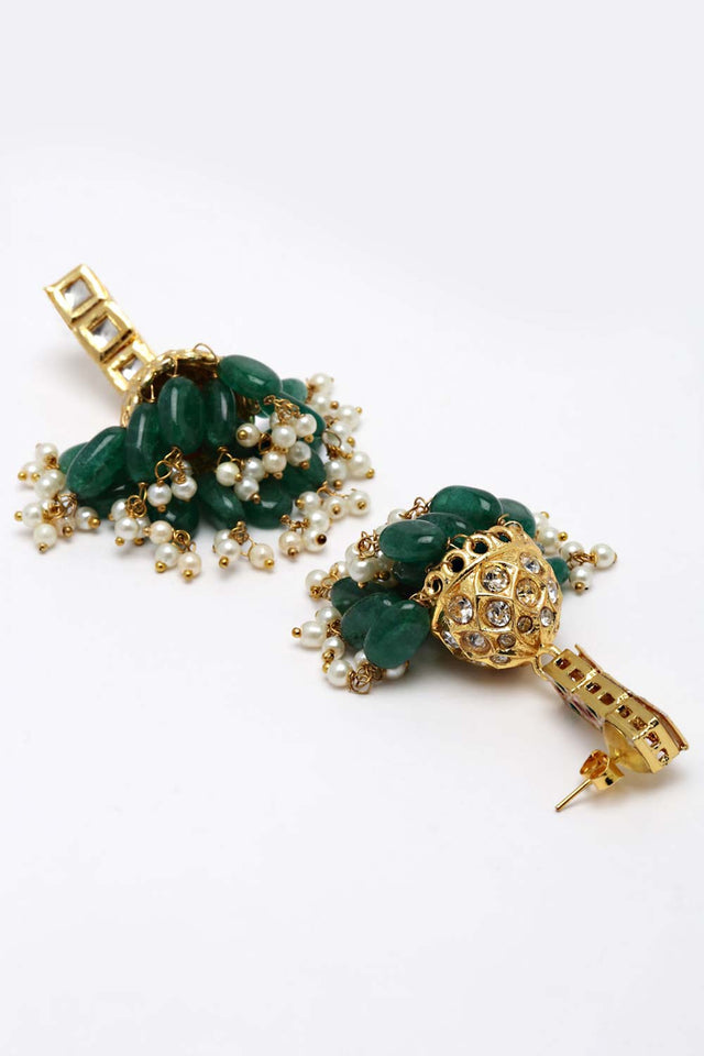 Green And Cream Gold-Plated Kundan Diamonds And Pearls Jhumka Earring