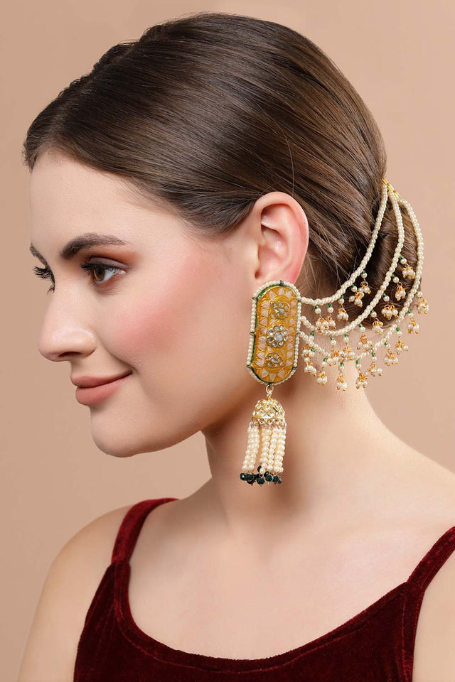 Multicolor Gold-Plated Kundan Diamonds And Pearls Jhumka Earring