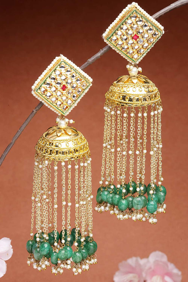Green And Gold Gold-Plated Kundan And Pearls Jhumka Dangling