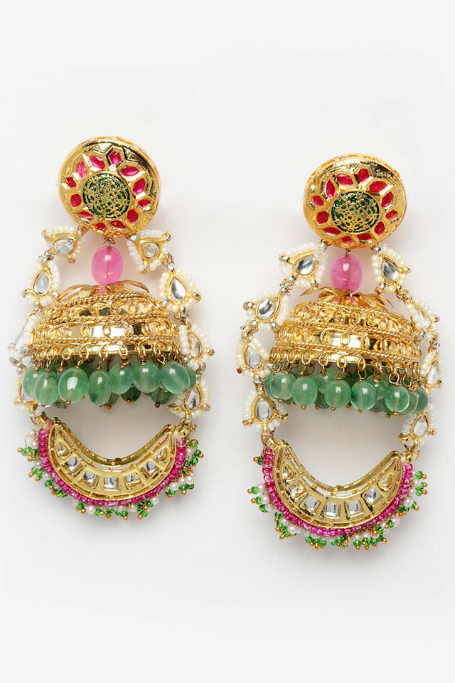 Green And Pink Gold-Plated Kundan And Pearls Jhumka Dangling