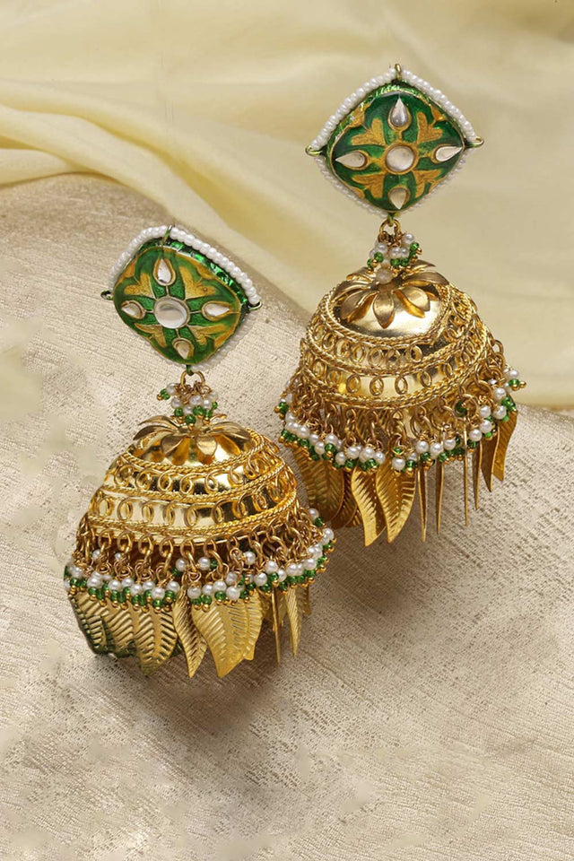 Green And Gold Gold-Plated Kundan And Pearls Jhumka Dangling