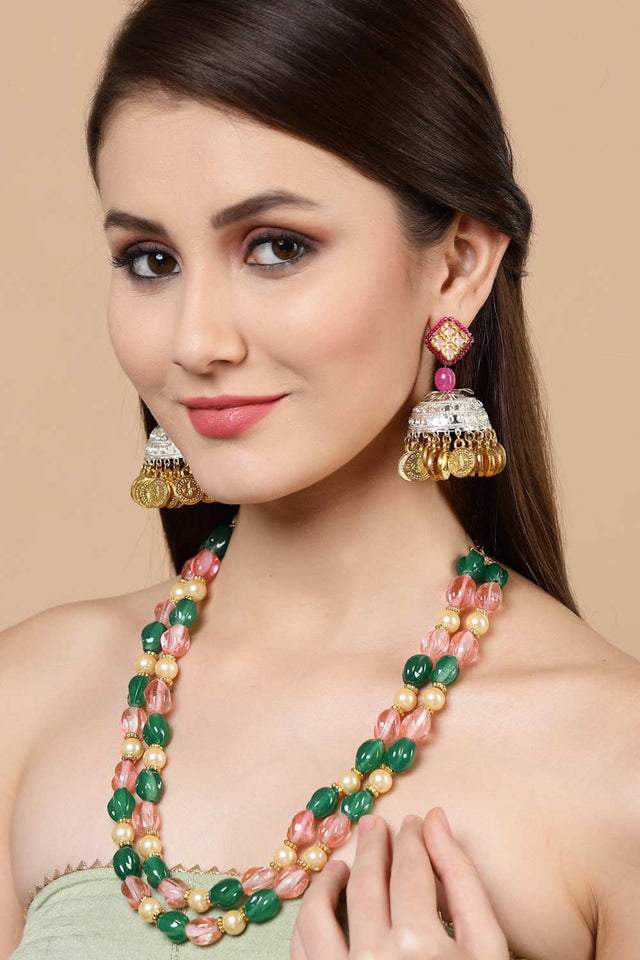 Pink And Gold Gold-Plated Pearls And Natural Stones Jhumka Dangling