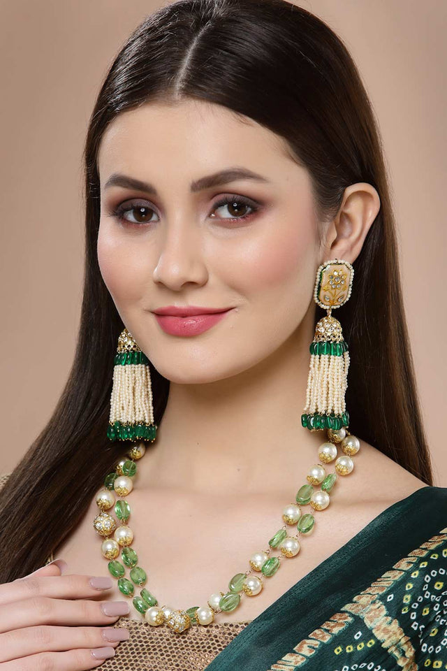 Cream And Green Gold-Plated Kundan And Pearls Jhumka Dangling