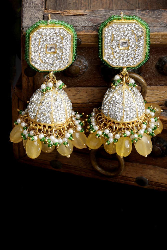 Yellow And Green Gold-Plated Kundan And American Diamonds Jhumka Dangling