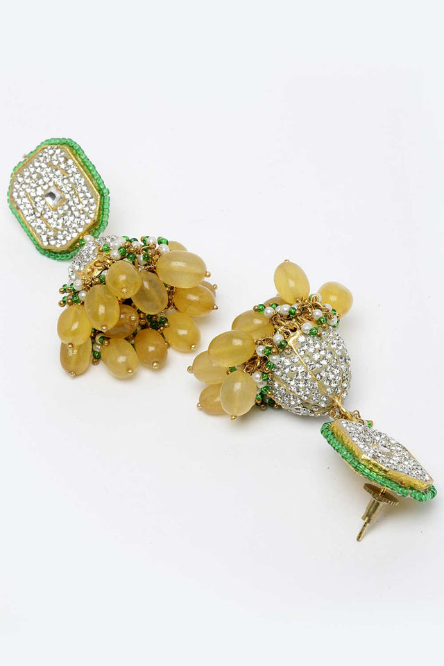 Yellow And Green Gold-Plated Kundan And American Diamonds Jhumka Dangling