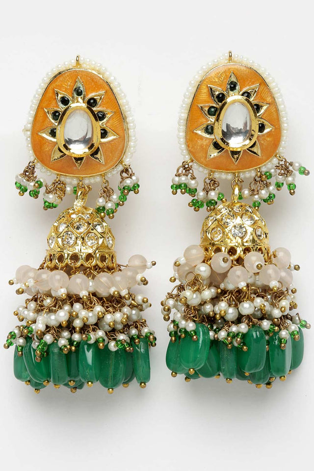 Orange And Green Gold-Plated Kundan And American Diamonds Jhumka Dangling