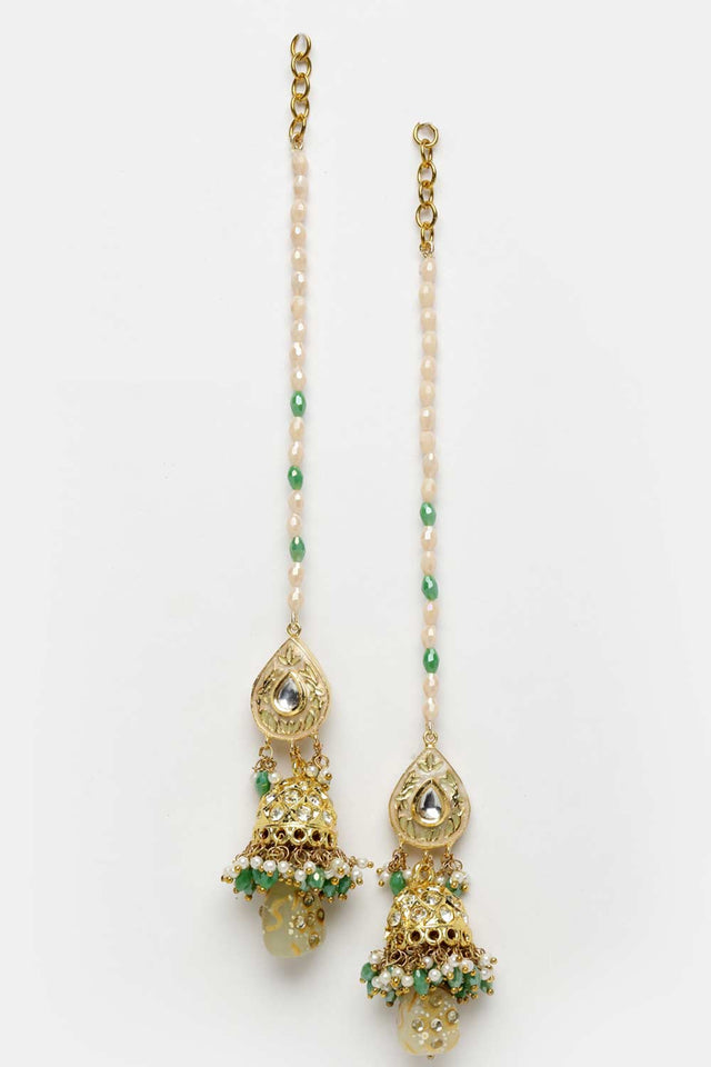Gold And Green Gold-Plated Kundan And Pearls Jhumka Earring With Hair Chain