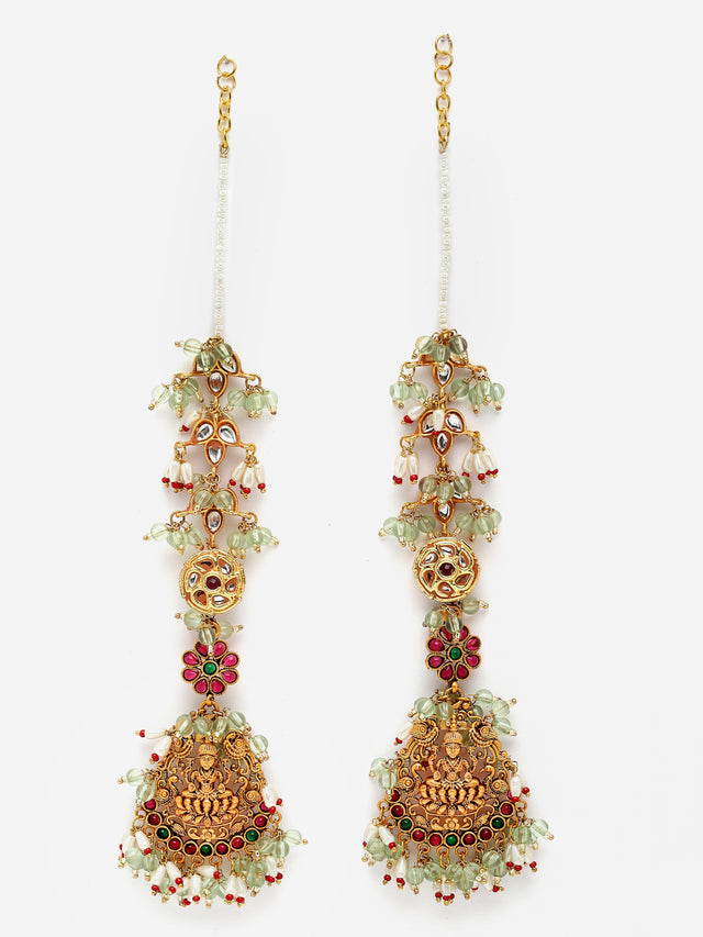 Pink And Green Gold-Plated Kundan And Pearls Jhumkas Earring