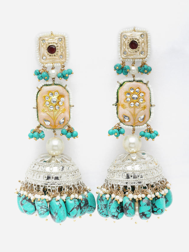 Peach And Blue Silver-Plated Kundan And American Diamonds Jhumkas Earring