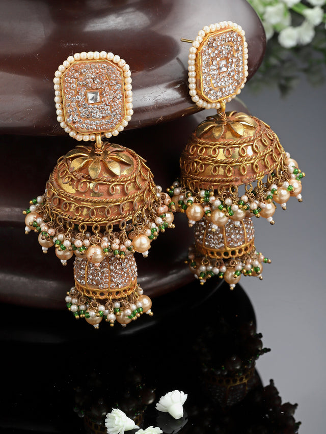 Brown And Cream Gold-Plated American Diamonds And Pearls Jhumkas Earring