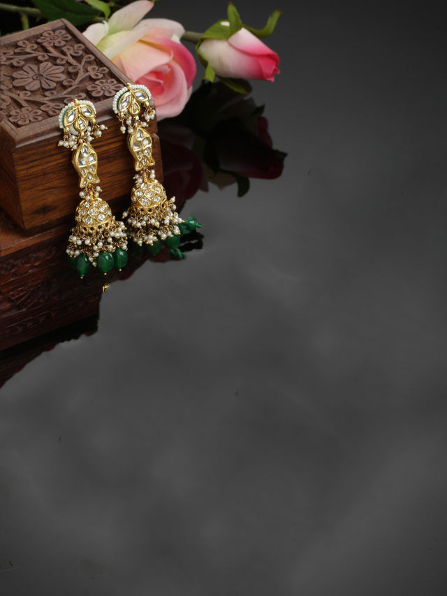 Green And White Gold-Plated Kundan And American Diamonds Jhumkas Earring