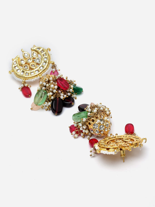Green And Pink Gold-Plated Kundan And American Diamonds Jhumkas Earring