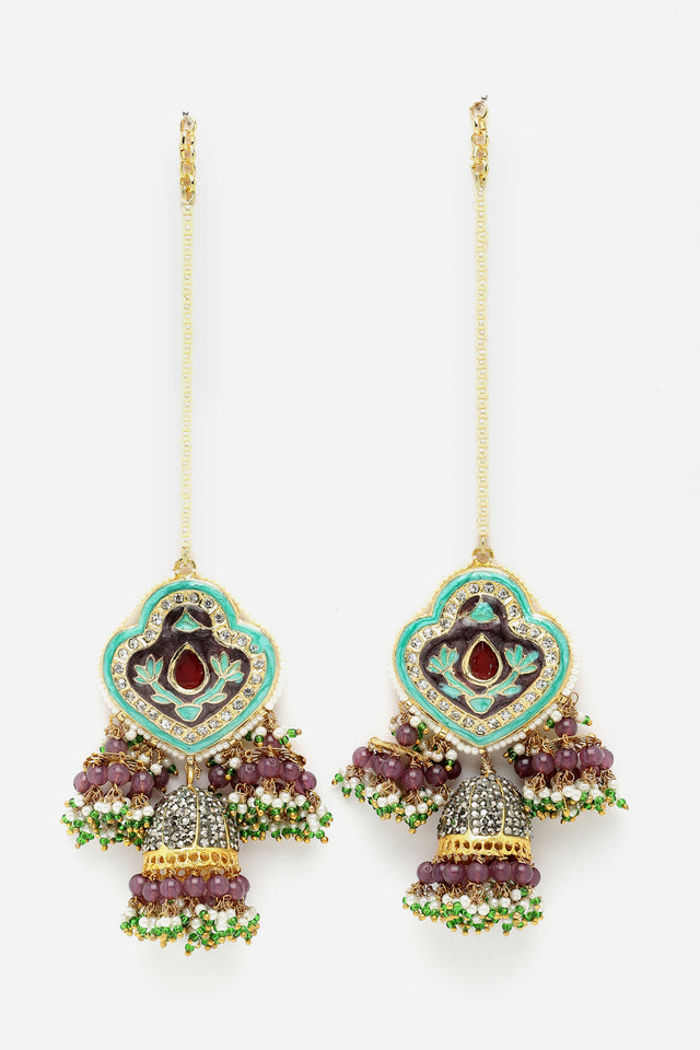 Blue And Purple Gold-Plated American Diamonds And Pearls Jhumkas Earring