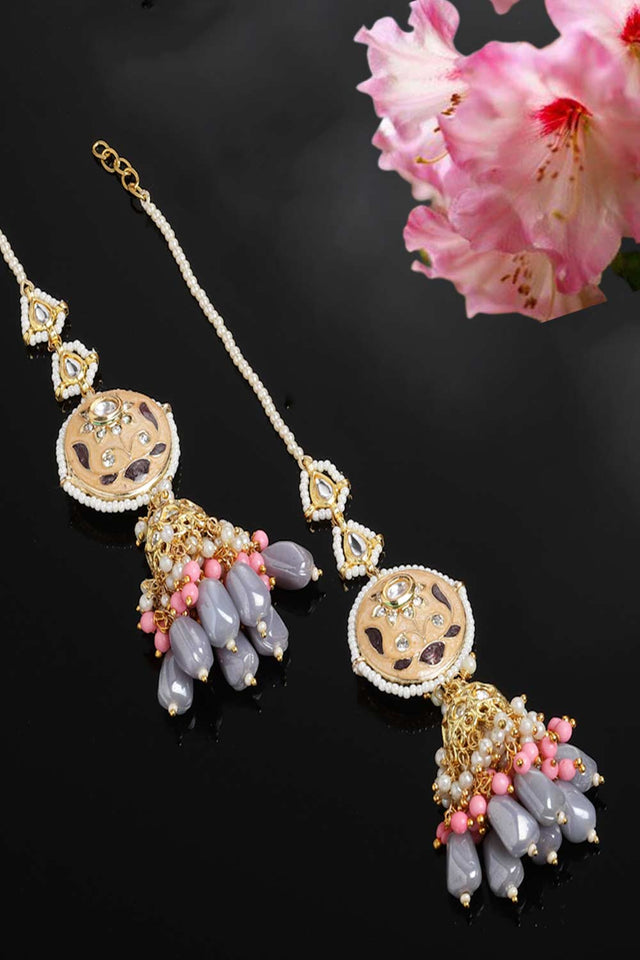 Pink And Gray Kundan And American Diamonds Jhumkas Earring