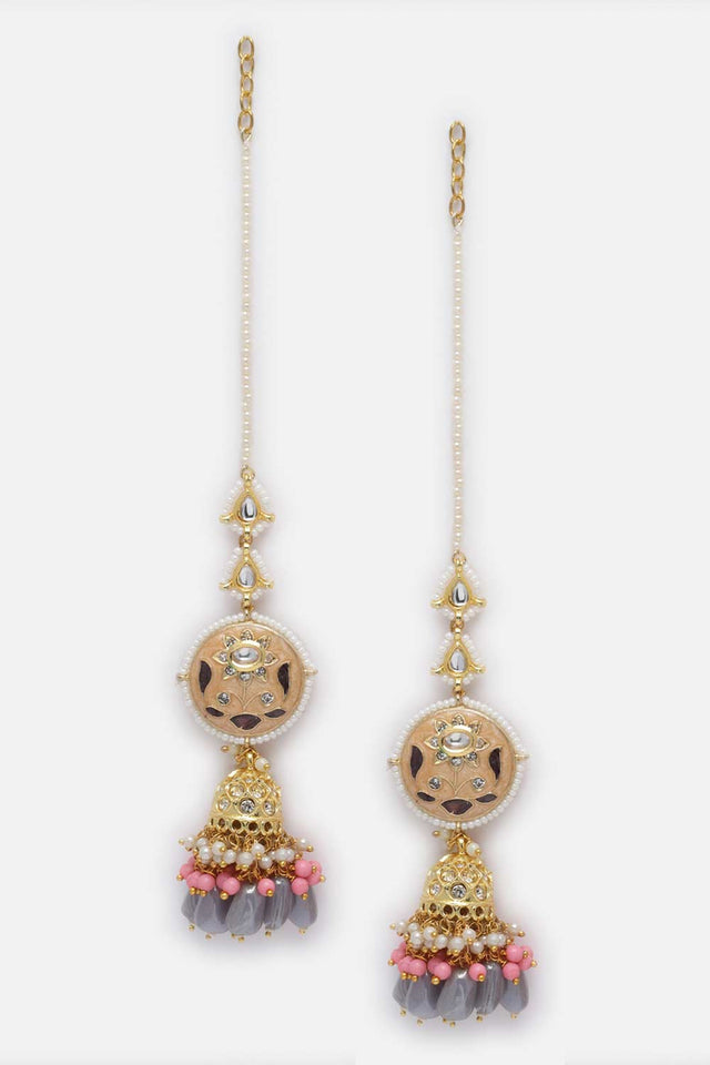 Pink And Gray Kundan And American Diamonds Jhumkas Earring