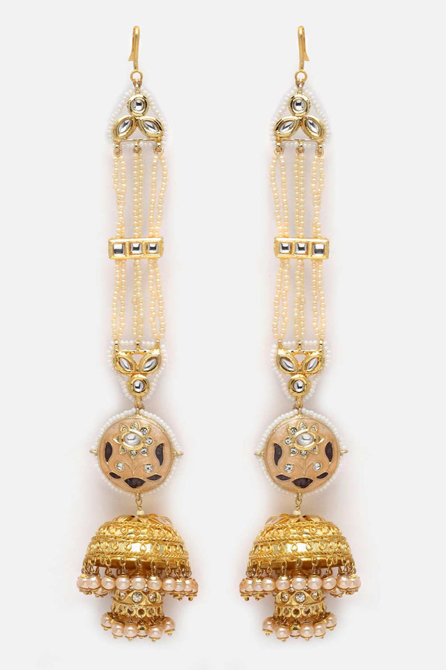 White And Gold Kundan And American Diamonds Jhumkas Earring