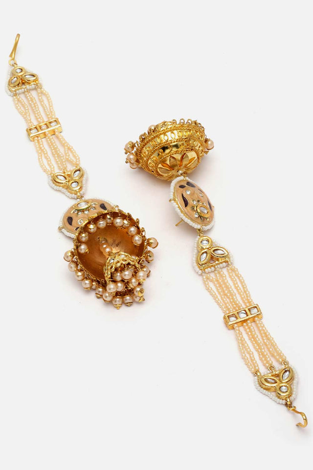 White And Gold Kundan And American Diamonds Jhumkas Earring