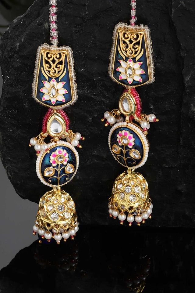 Blue And Pink Kundan And American Diamonds Jhumkas Earring