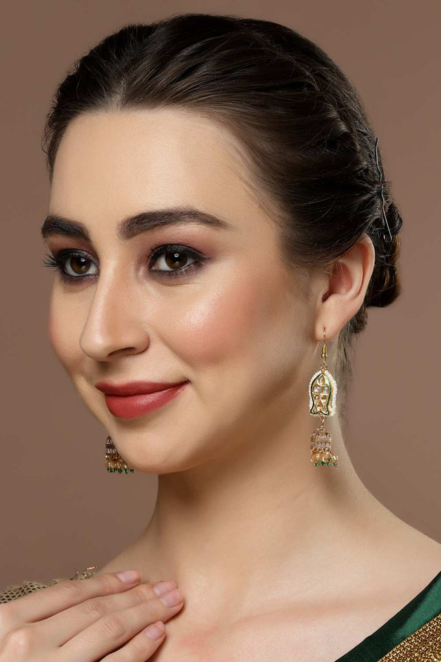 Green And Gold Kundan And Pearls Jhumkas Earring
