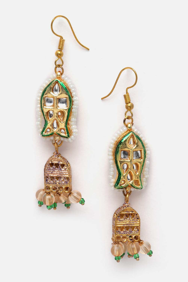 Green And Gold Kundan And Pearls Jhumkas Earring